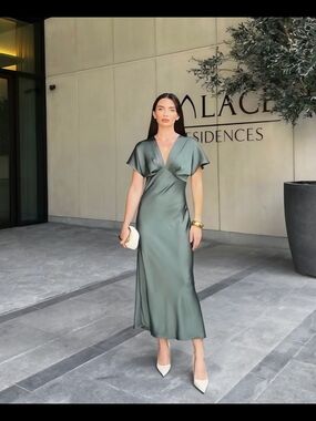 Zara Satin V-neck Midi Dress in Sage Green
